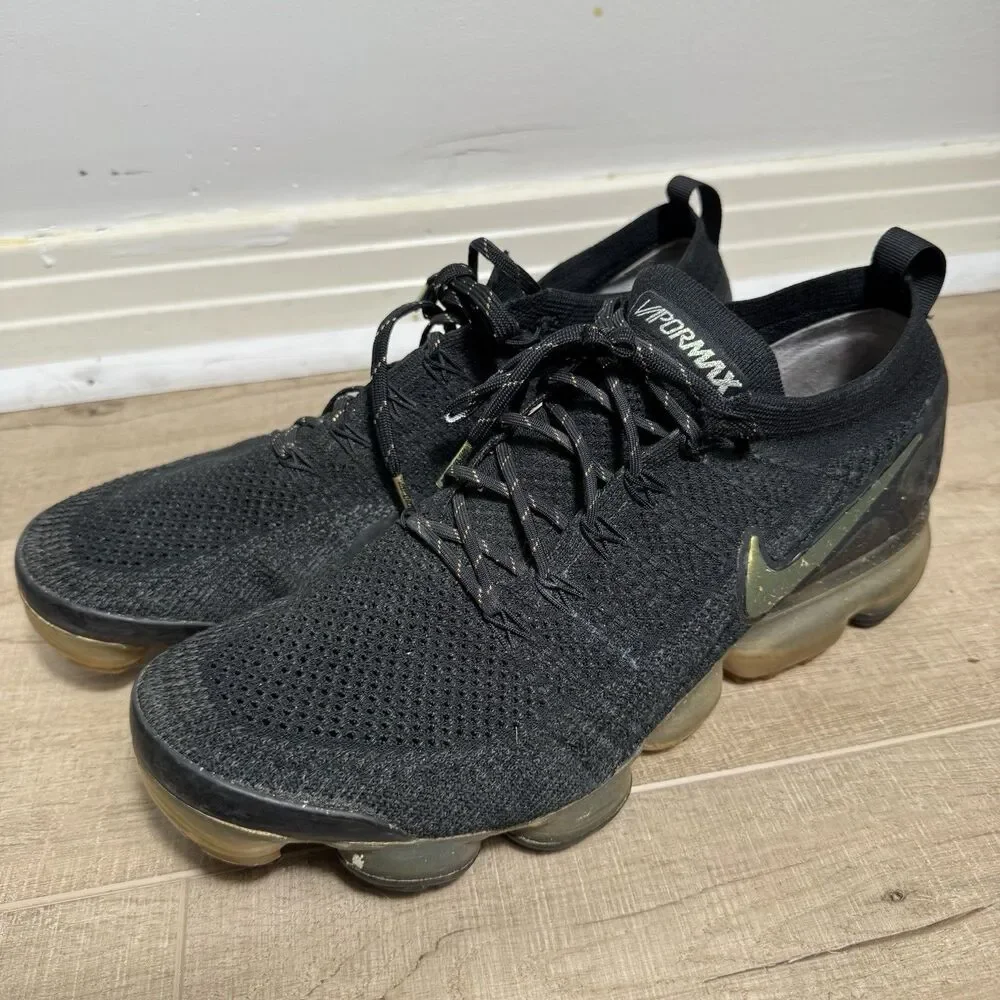 Nike Air VaporMax Men’s 10.5 Flyknit 2 Black Metallic Gold Plus Shoes 942842-015